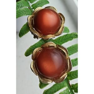 Vintage Chocolate And Gold Toned Satin Frosted Glass Clip On Earrings